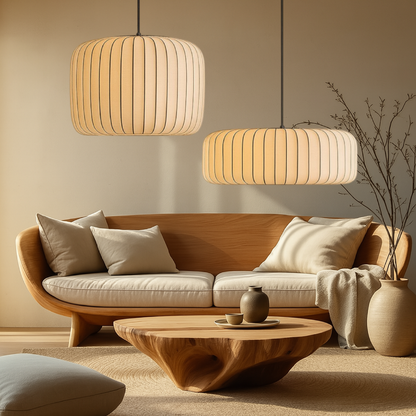 Pendant Light with Pleated Fabric Shade - Modern Mid Century Hanging