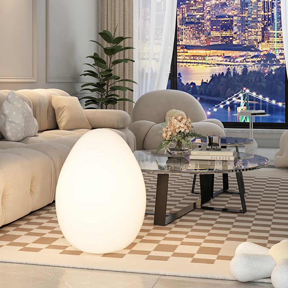 LED Floor Lamp with Sculptural Oval Egg Profile and Molded Plastic Shell