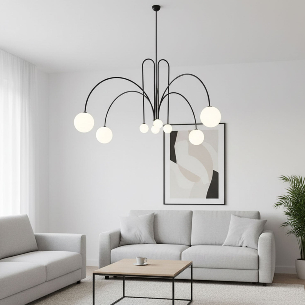 Chandelier with Arched Arms and Frosted Globes - Modern Mid Century