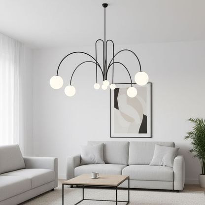 Chandelier with Arched Arms and Frosted Globes - Modern Mid Century