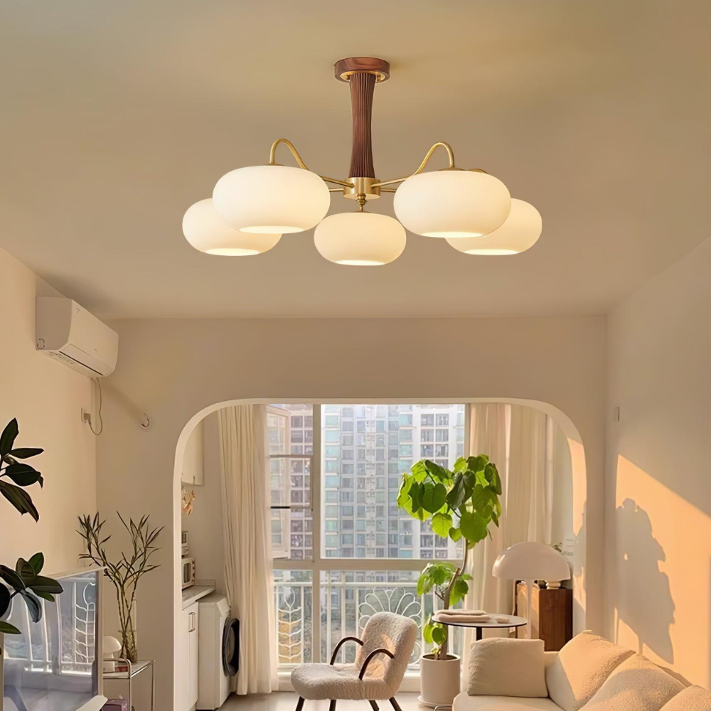 Chandelier with Walnut Wood and Persimmon Glass Shades - Modern Mid Century