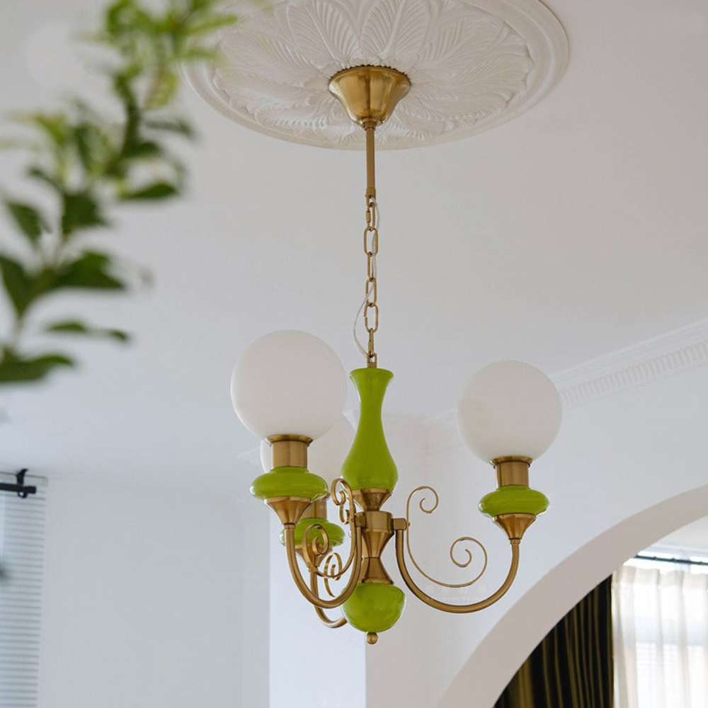 Chandelier with Milky Glass Globes and Scrollwork Frame - Vintage French Style