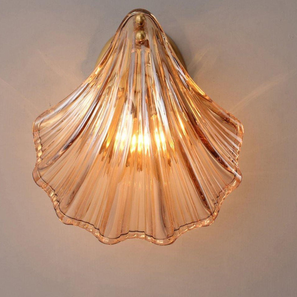 Shell Glass Wall Sconce with Scalloped Ribbed Shade - Coastal Art Deco