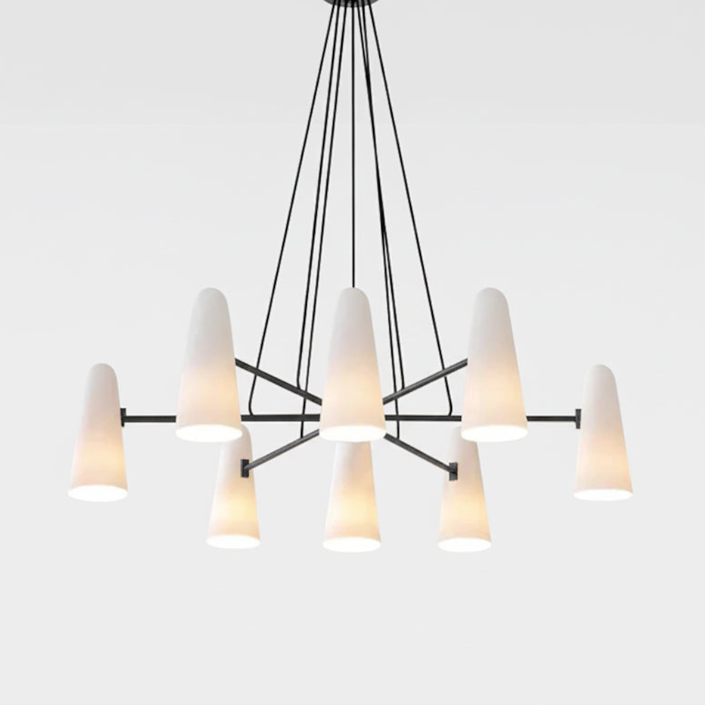 Lustre avec abat-jours en verre conique et cadre métallique - Moderne milieu du siècle
