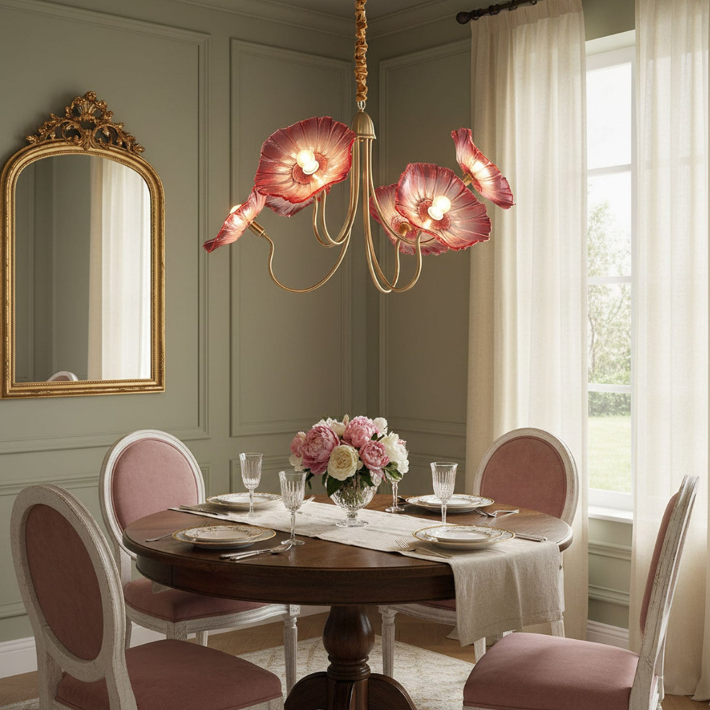 Chandelier with Flower Glass Shades and Gold Metal Frame - Modern Art Deco
