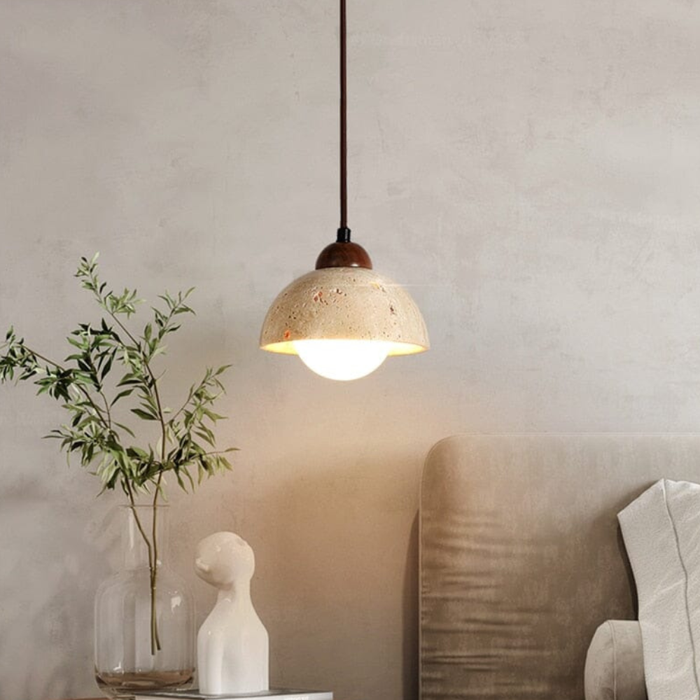 Suspension style travertin Wabi-Sabi avec bois massif - Décor moderne et naturel