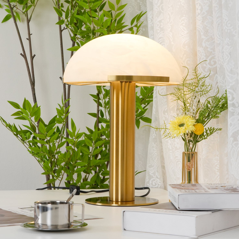 Glas- und Alabaster-Kuppeltischlampe mit Metallfuß – Mid-Century-Modern
