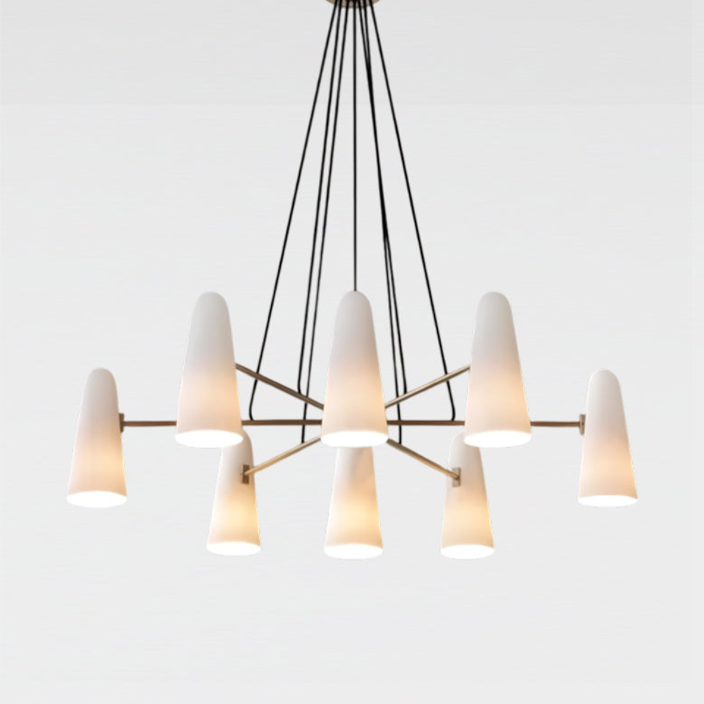 Lustre avec abat-jours en verre conique et cadre métallique - Moderne milieu du siècle