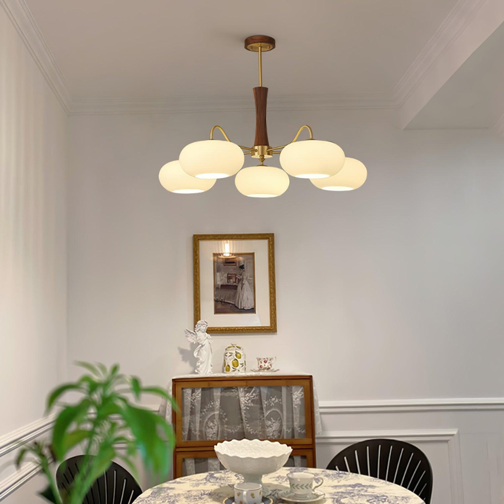 Chandelier with Walnut Wood and Persimmon Glass Shades - Modern Mid Century