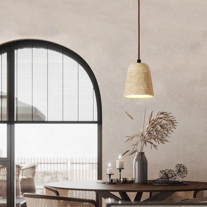 Wabi-Sabi Travertine Style Pendant Light with Solid Wood - Modern Earthy Decor