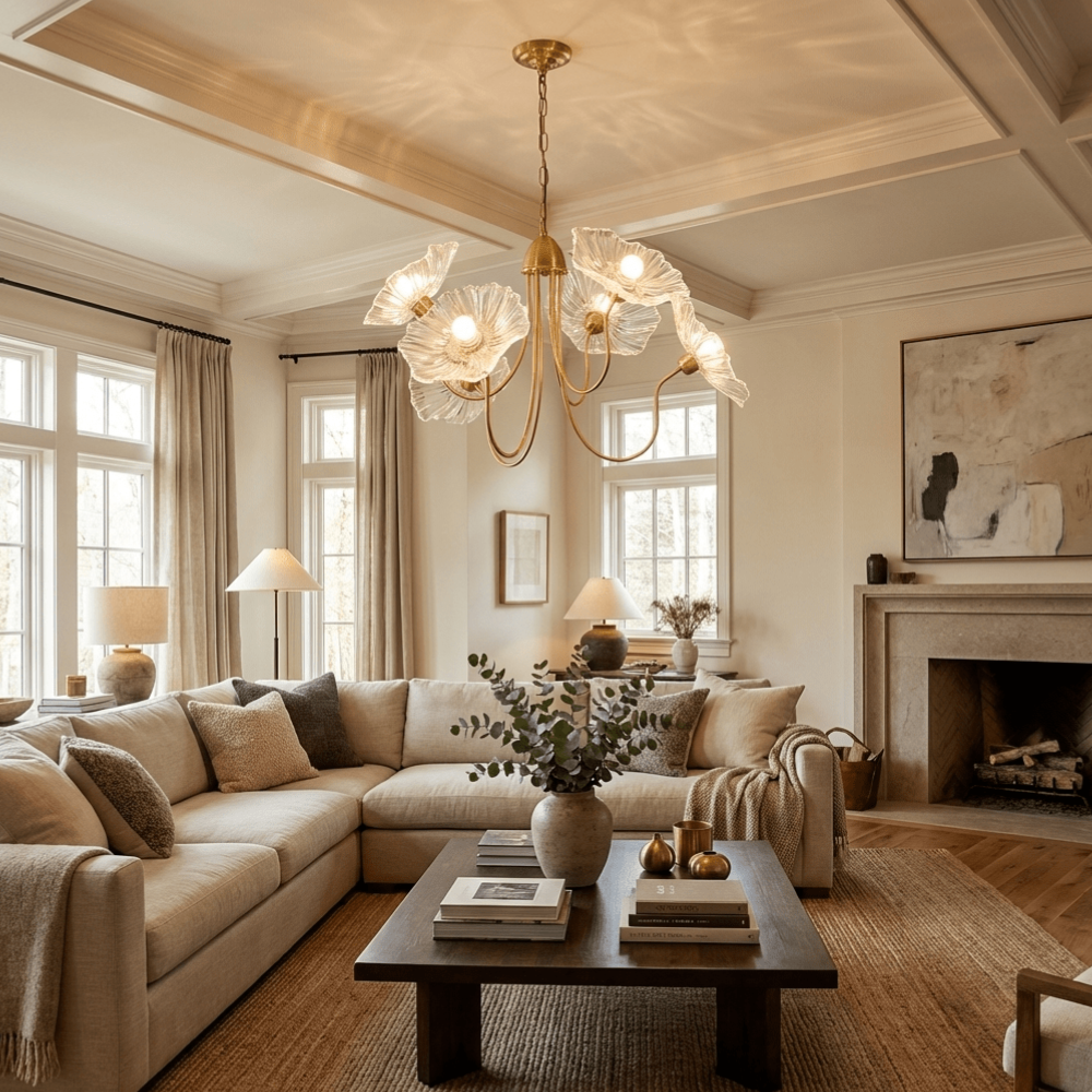Chandelier with Flower Glass Shades and Gold Metal Frame - Modern Art Deco