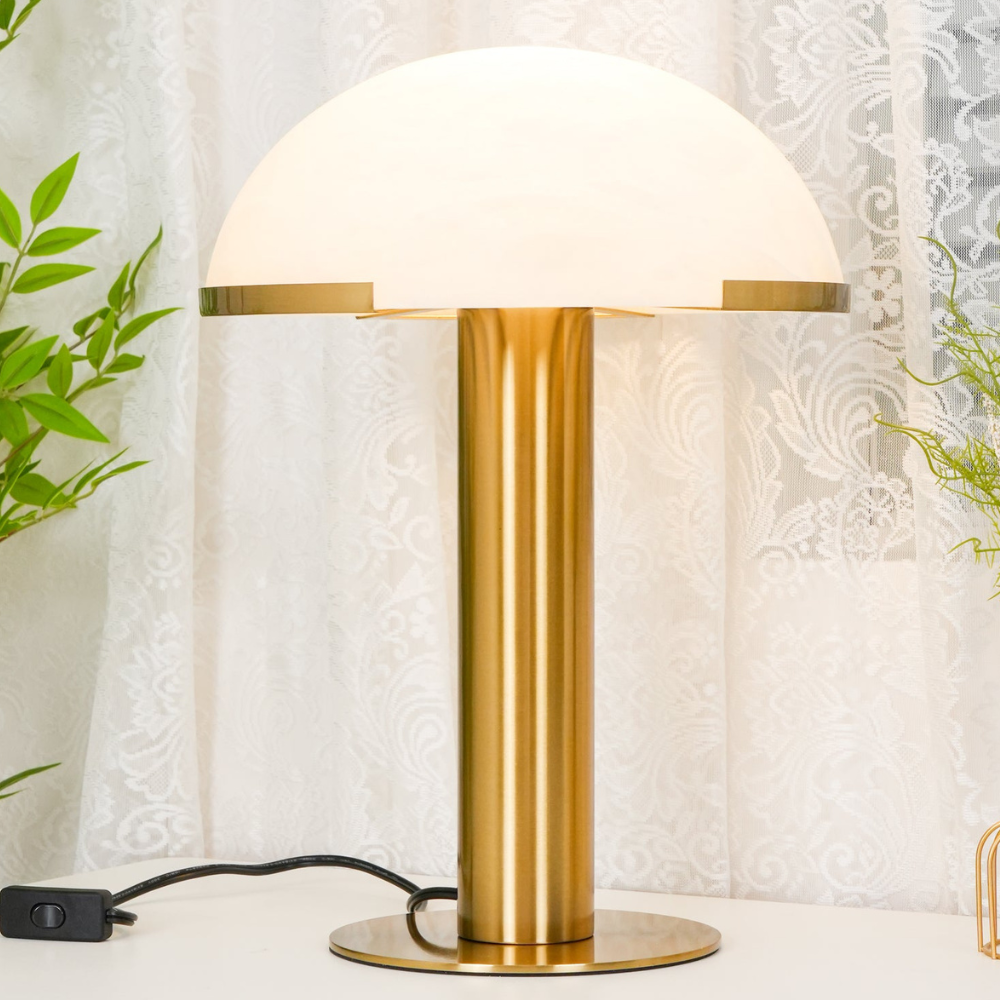 Glas- und Alabaster-Kuppeltischlampe mit Metallfuß – Mid-Century-Modern