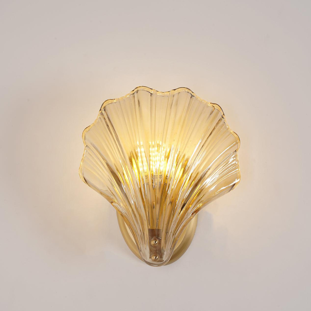 Shell Glass Wall Sconce with Scalloped Ribbed Shade - Coastal Art Deco