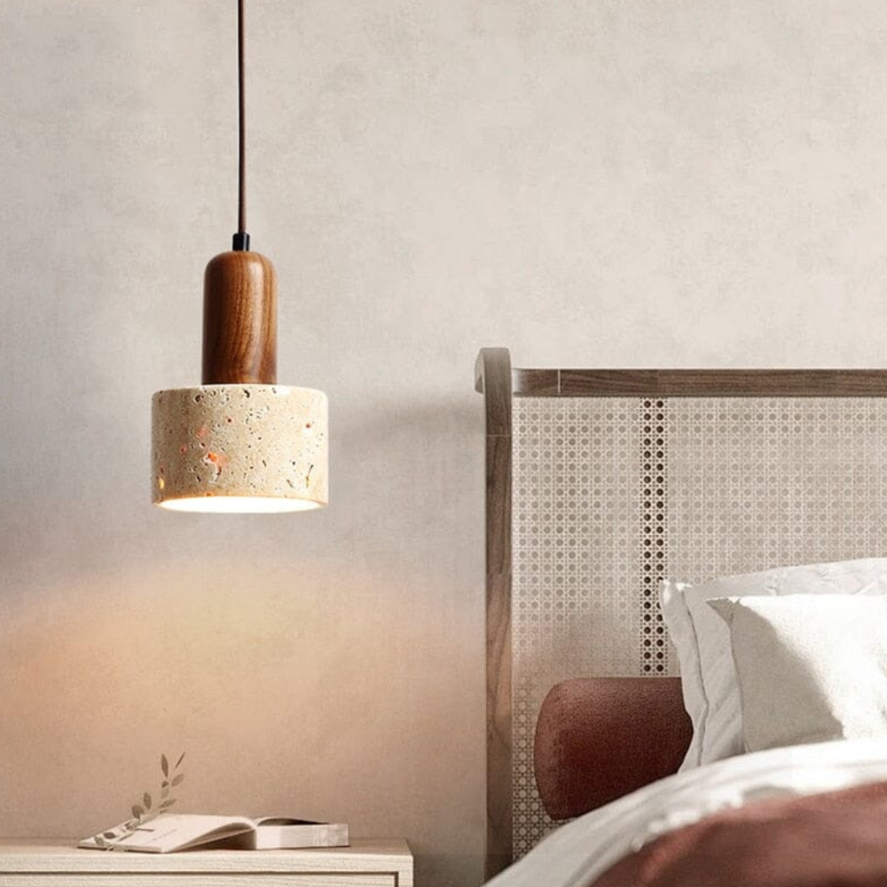 Suspension style travertin Wabi-Sabi avec bois massif - Décor moderne et naturel