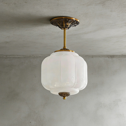 Ribbed Pumpkin Hanging Lamp with Ornate Metalwork - Mid Century Design