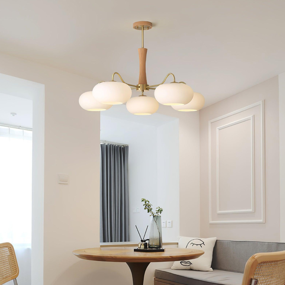 Chandelier with Walnut Wood and Persimmon Glass Shades - Modern Mid Century