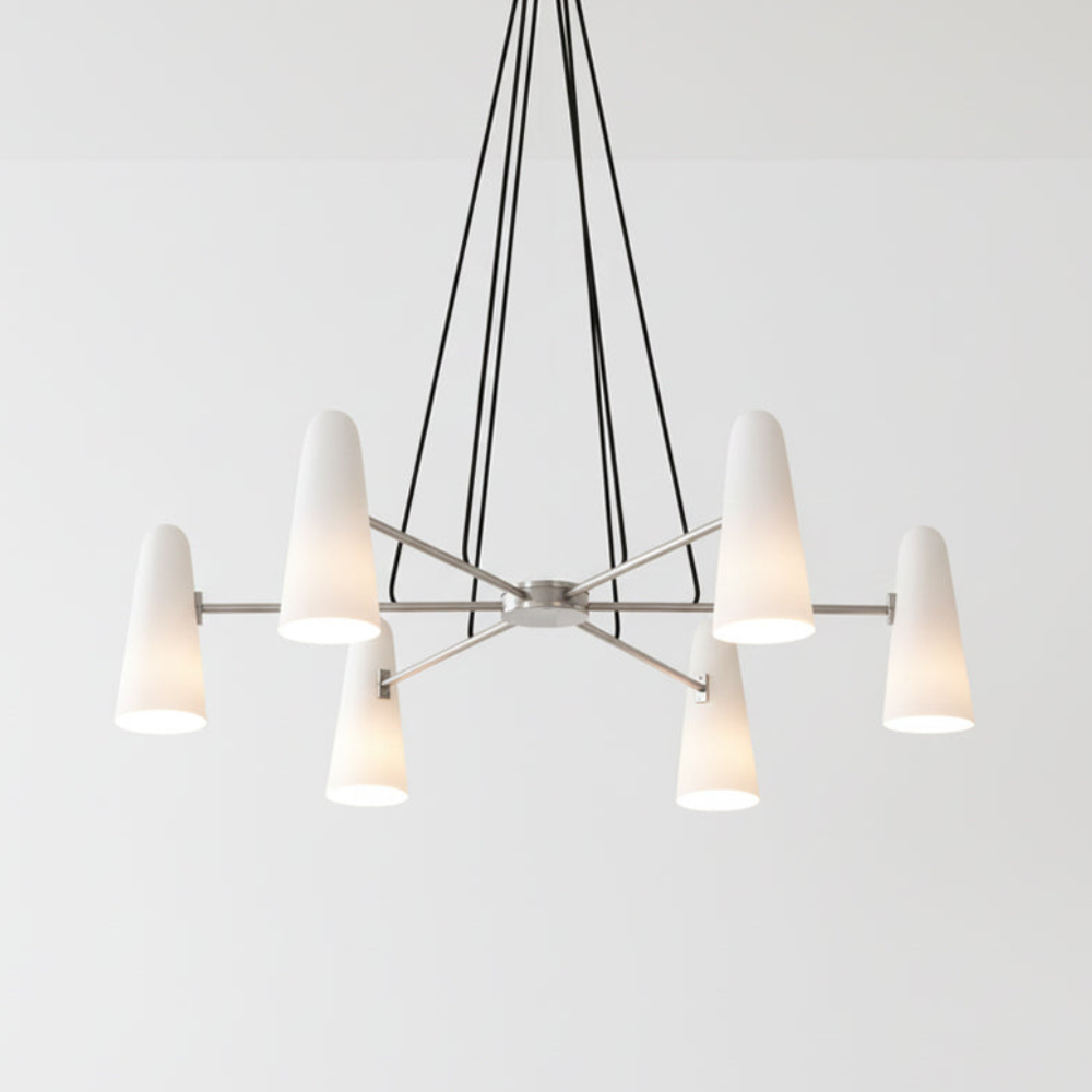 Lustre avec abat-jours en verre conique et cadre métallique - Moderne milieu du siècle
