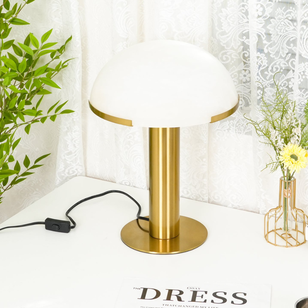 Glas- und Alabaster-Kuppeltischlampe mit Metallfuß – Mid-Century-Modern