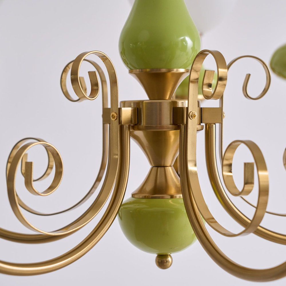 Chandelier with Milky Glass Globes and Scrollwork Frame - Vintage French Style