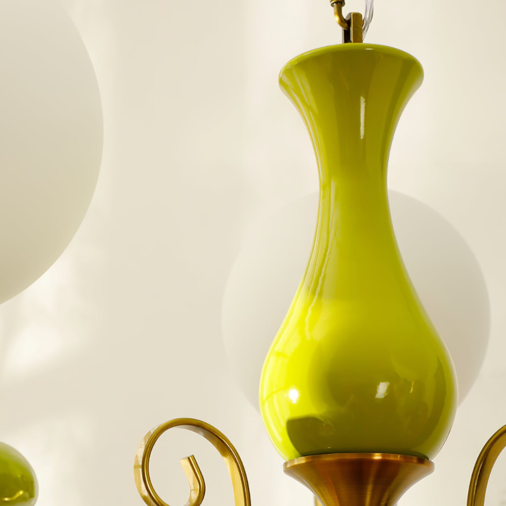 Chandelier with Milky Glass Globes and Scrollwork Frame - Vintage French Style