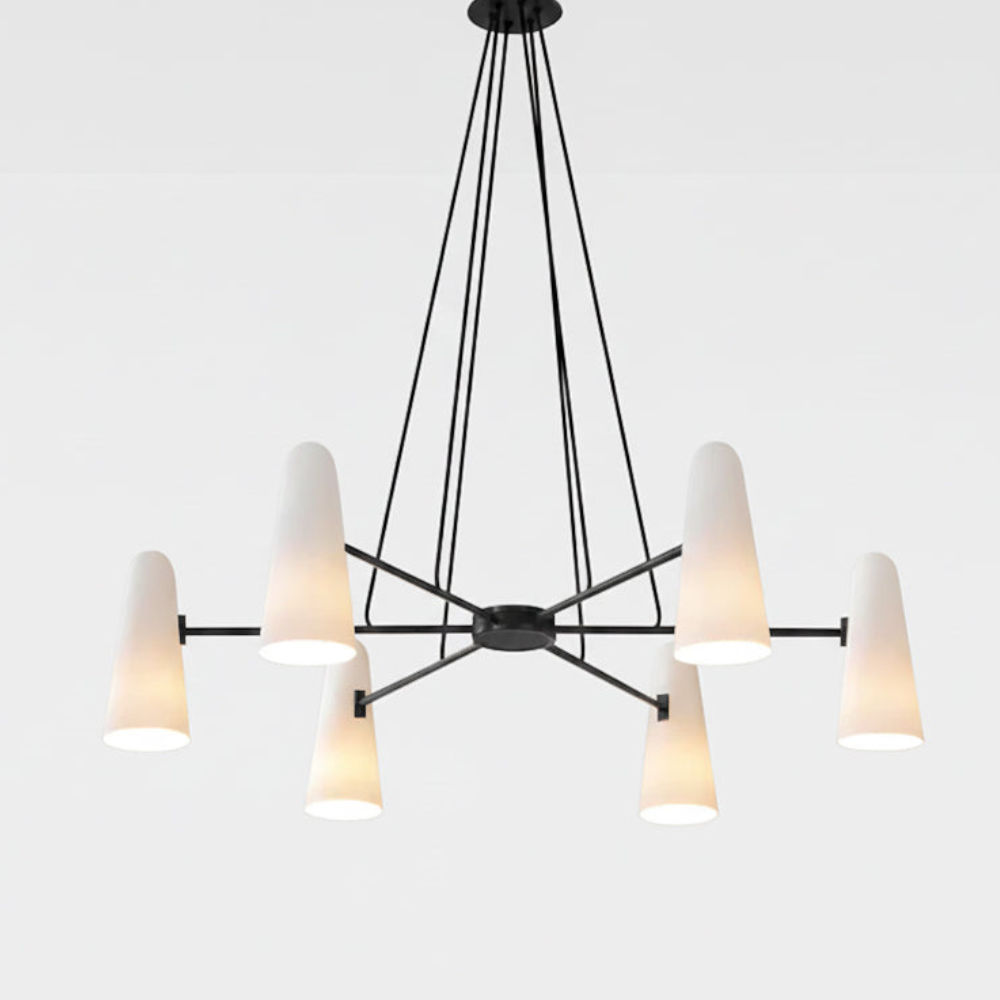 Lustre avec abat-jours en verre conique et cadre métallique - Moderne milieu du siècle