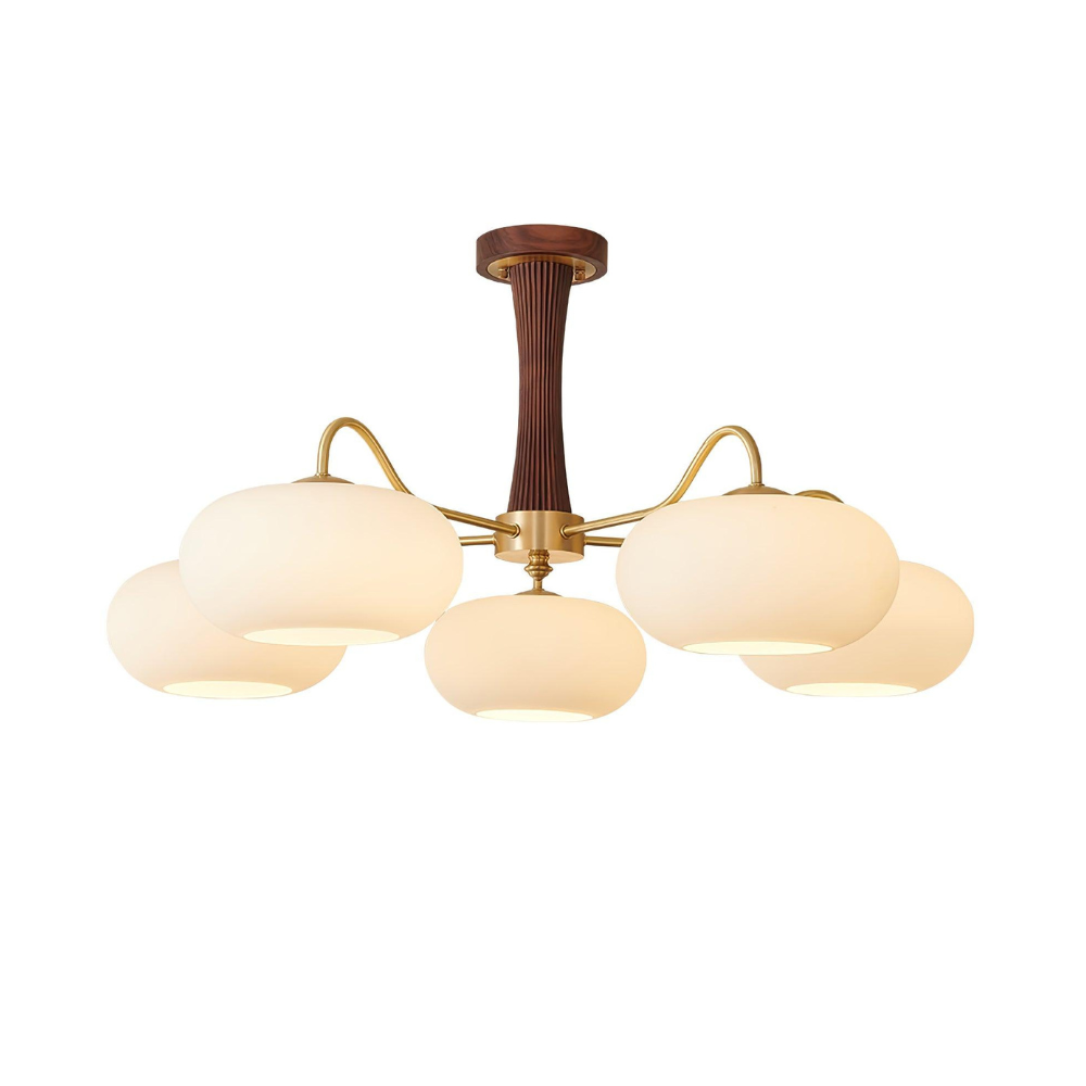 Chandelier with Walnut Wood and Persimmon Glass Shades - Modern Mid Century