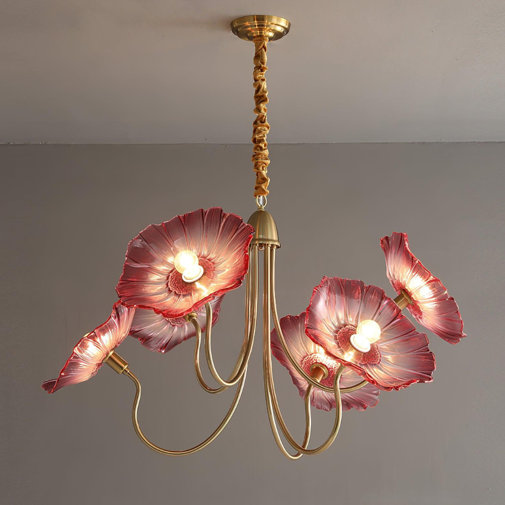 Chandelier with Flower Glass Shades and Gold Metal Frame - Modern Art Deco