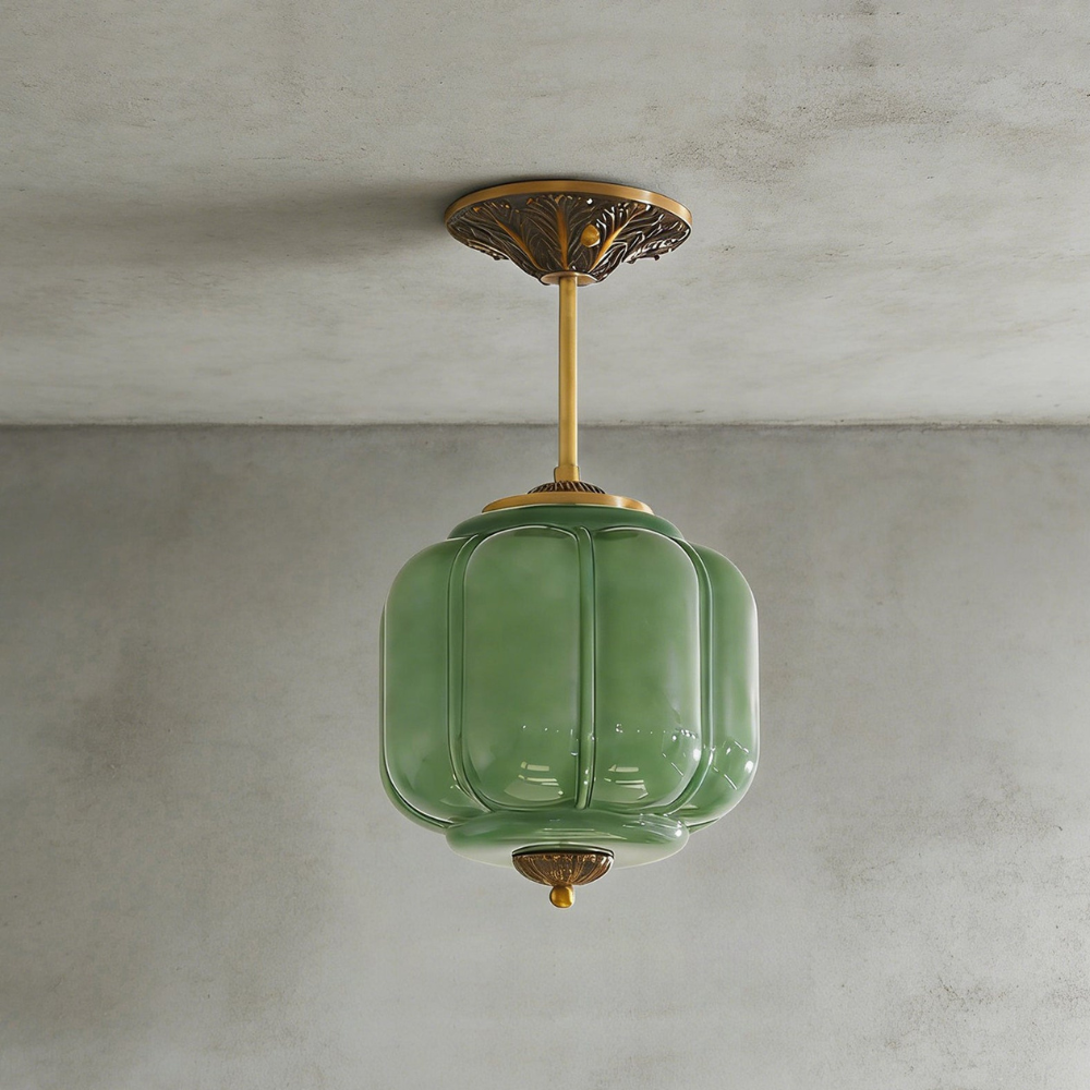 Gerippte Kürbis-Hängelampe mit kunstvollem Metallbesatz – Mid-Century-Design