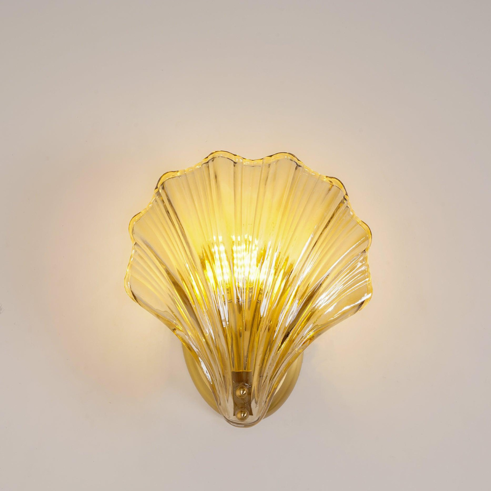 Shell Glass Wall Sconce with Scalloped Ribbed Shade - Coastal Art Deco