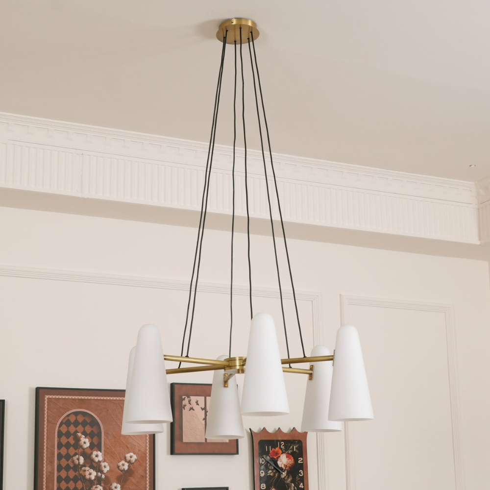 Lustre avec abat-jours en verre conique et cadre métallique - Moderne milieu du siècle