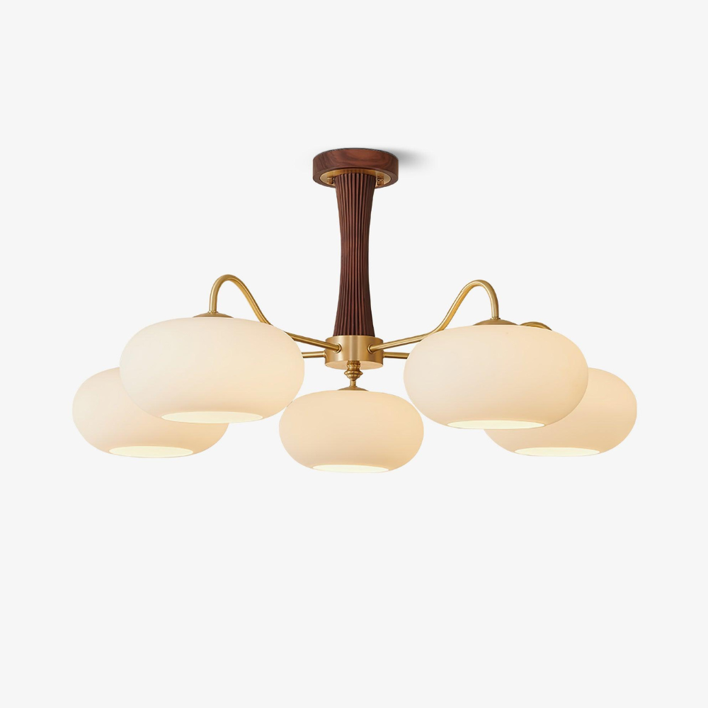 Chandelier with Walnut Wood and Persimmon Glass Shades - Modern Mid Century