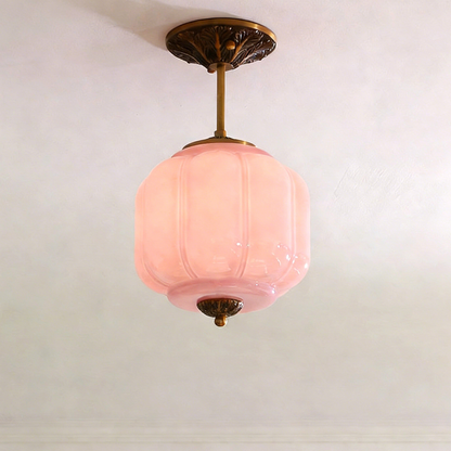 Ribbed Pumpkin Hanging Lamp with Ornate Metalwork - Mid Century Design