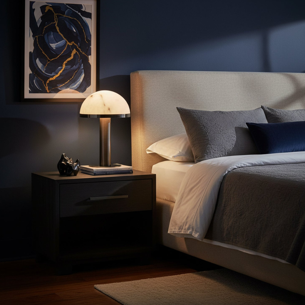 Glas- und Alabaster-Kuppeltischlampe mit Metallfuß – Mid-Century-Modern