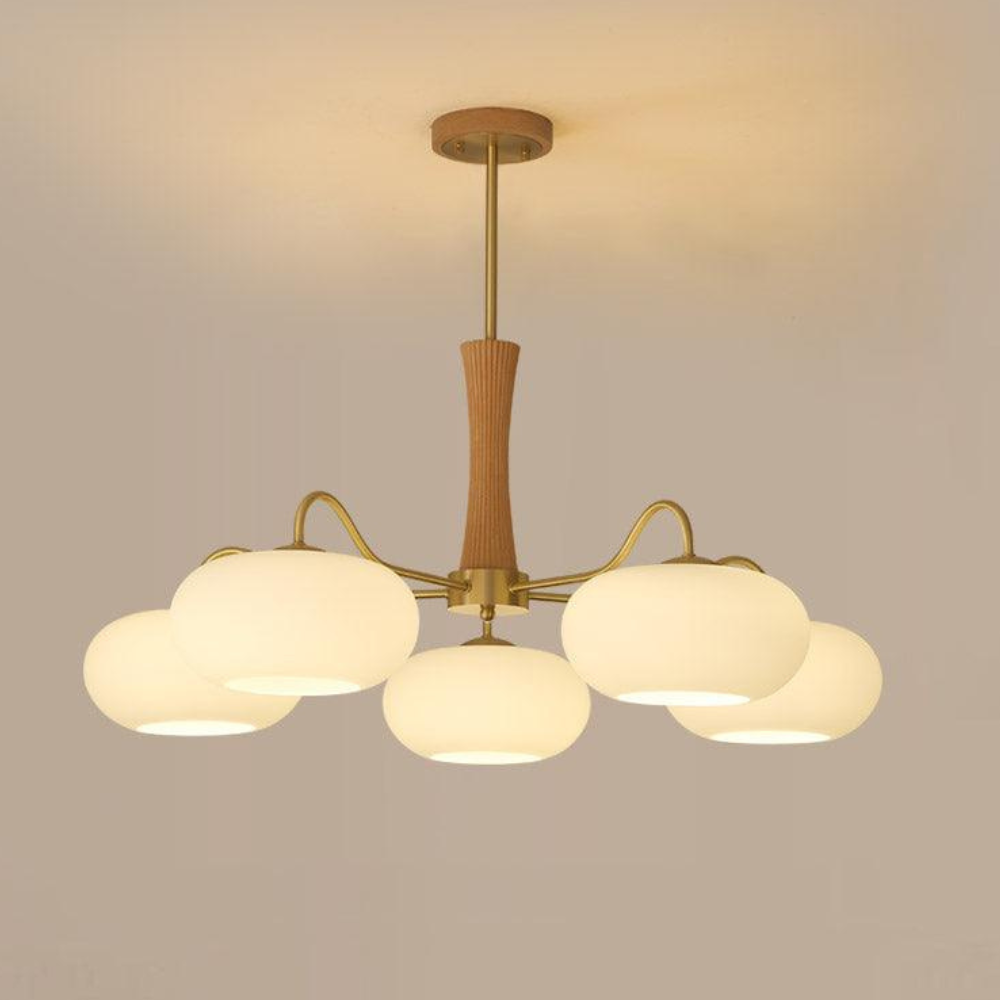 Chandelier with Walnut Wood and Persimmon Glass Shades - Modern Mid Century