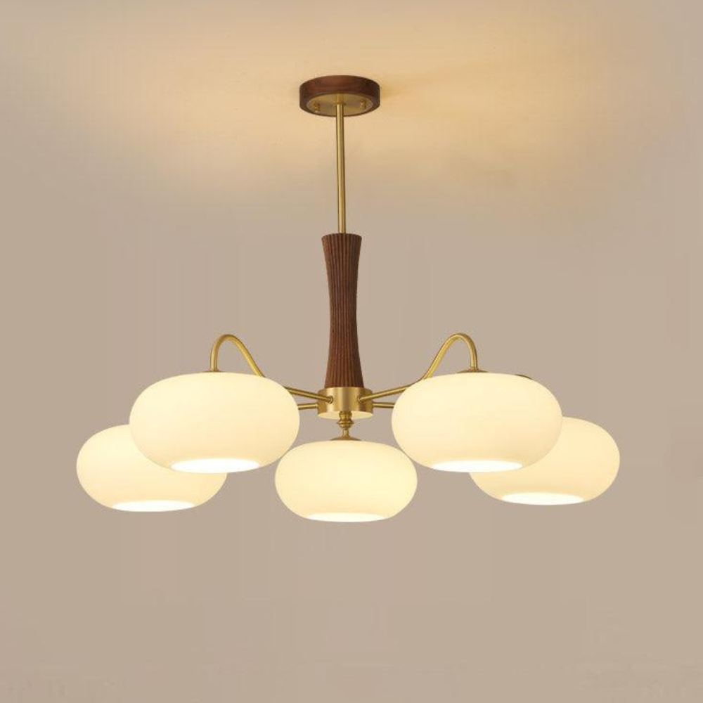 Chandelier with Walnut Wood and Persimmon Glass Shades - Modern Mid Century