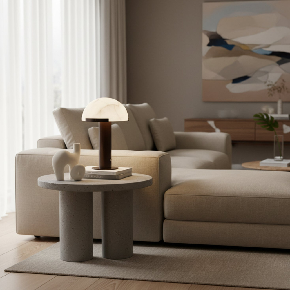 Glas- und Alabaster-Kuppeltischlampe mit Metallfuß – Mid-Century-Modern