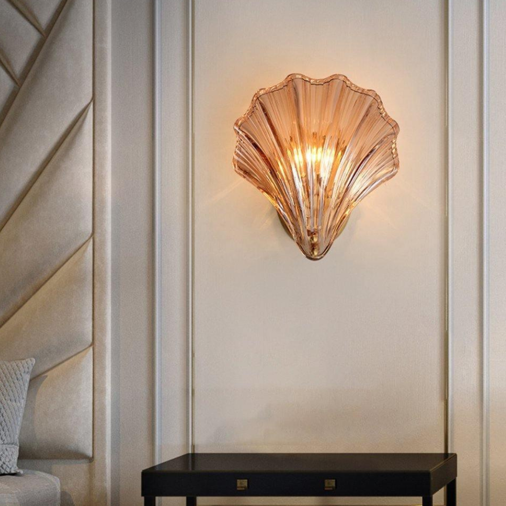 Shell Glass Wall Sconce with Scalloped Ribbed Shade - Coastal Art Deco