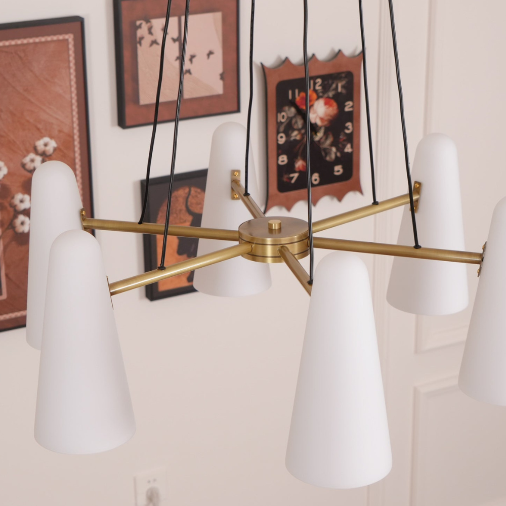 Lustre avec abat-jours en verre conique et cadre métallique - Moderne milieu du siècle