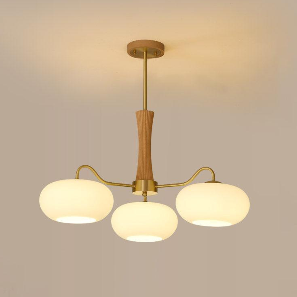 Chandelier with Walnut Wood and Persimmon Glass Shades - Modern Mid Century