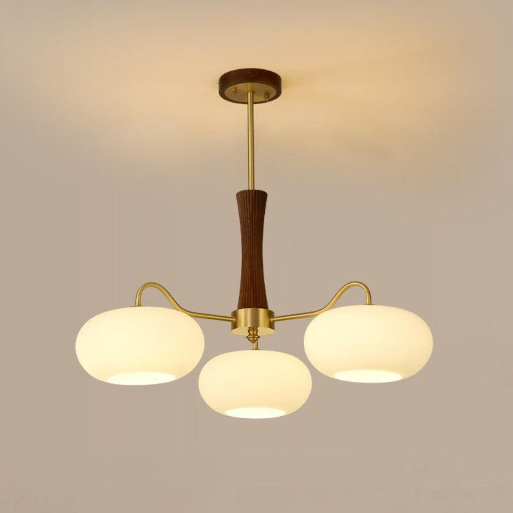 Chandelier with Walnut Wood and Persimmon Glass Shades - Modern Mid Century