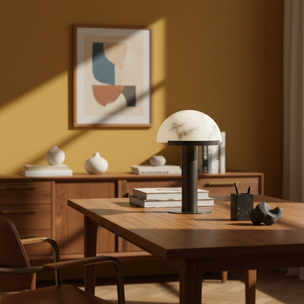 Glas- und Alabaster-Kuppeltischlampe mit Metallfuß – Mid-Century-Modern