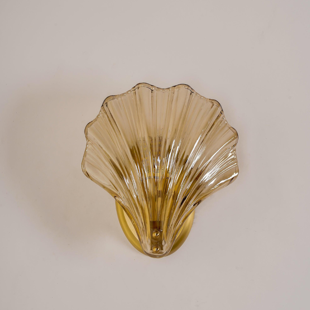 Shell Glass Wall Sconce with Scalloped Ribbed Shade - Coastal Art Deco