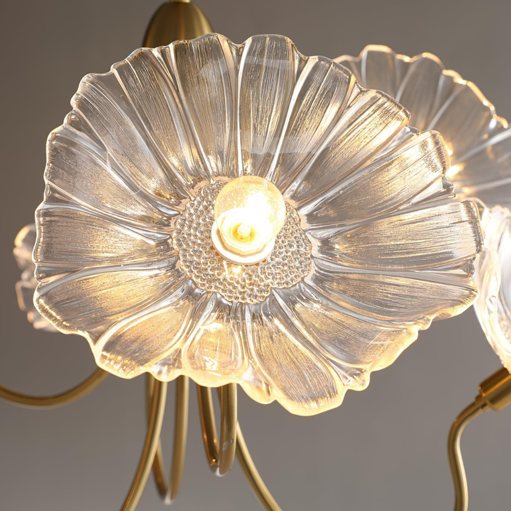 Chandelier with Flower Glass Shades and Gold Metal Frame - Modern Art Deco