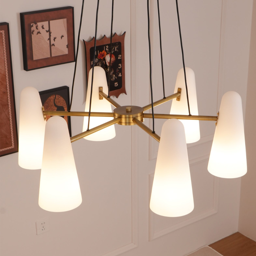 Lustre avec abat-jours en verre conique et cadre métallique - Moderne milieu du siècle