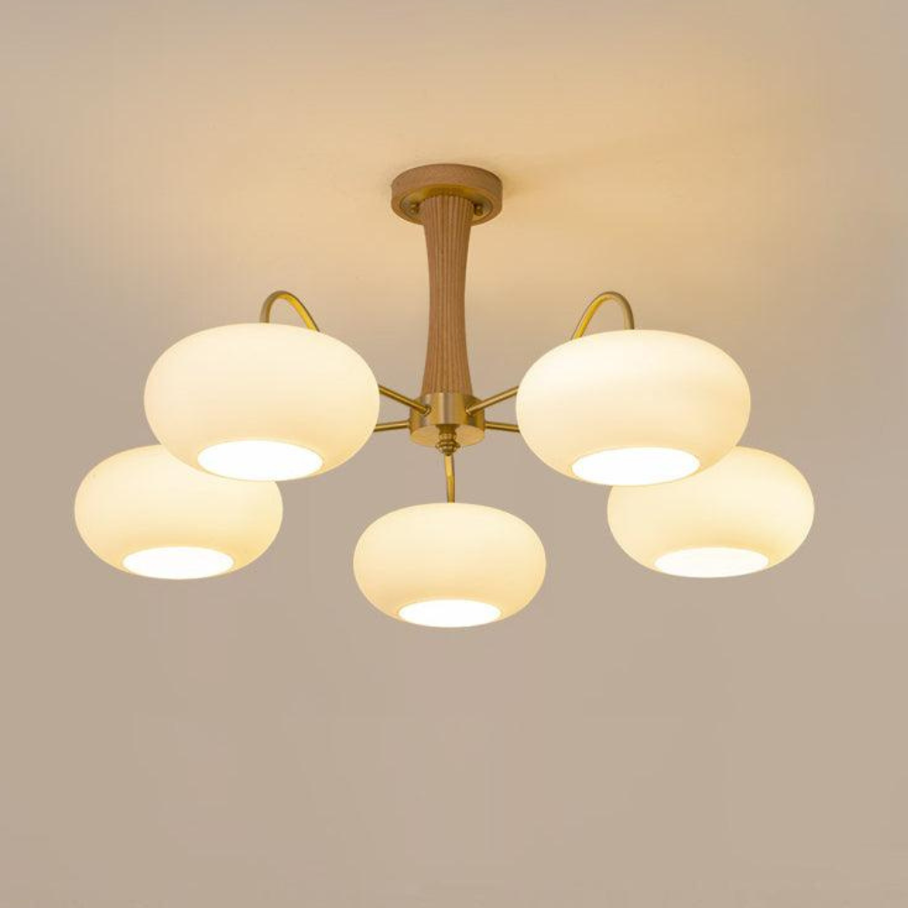 Chandelier with Walnut Wood and Persimmon Glass Shades - Modern Mid Century