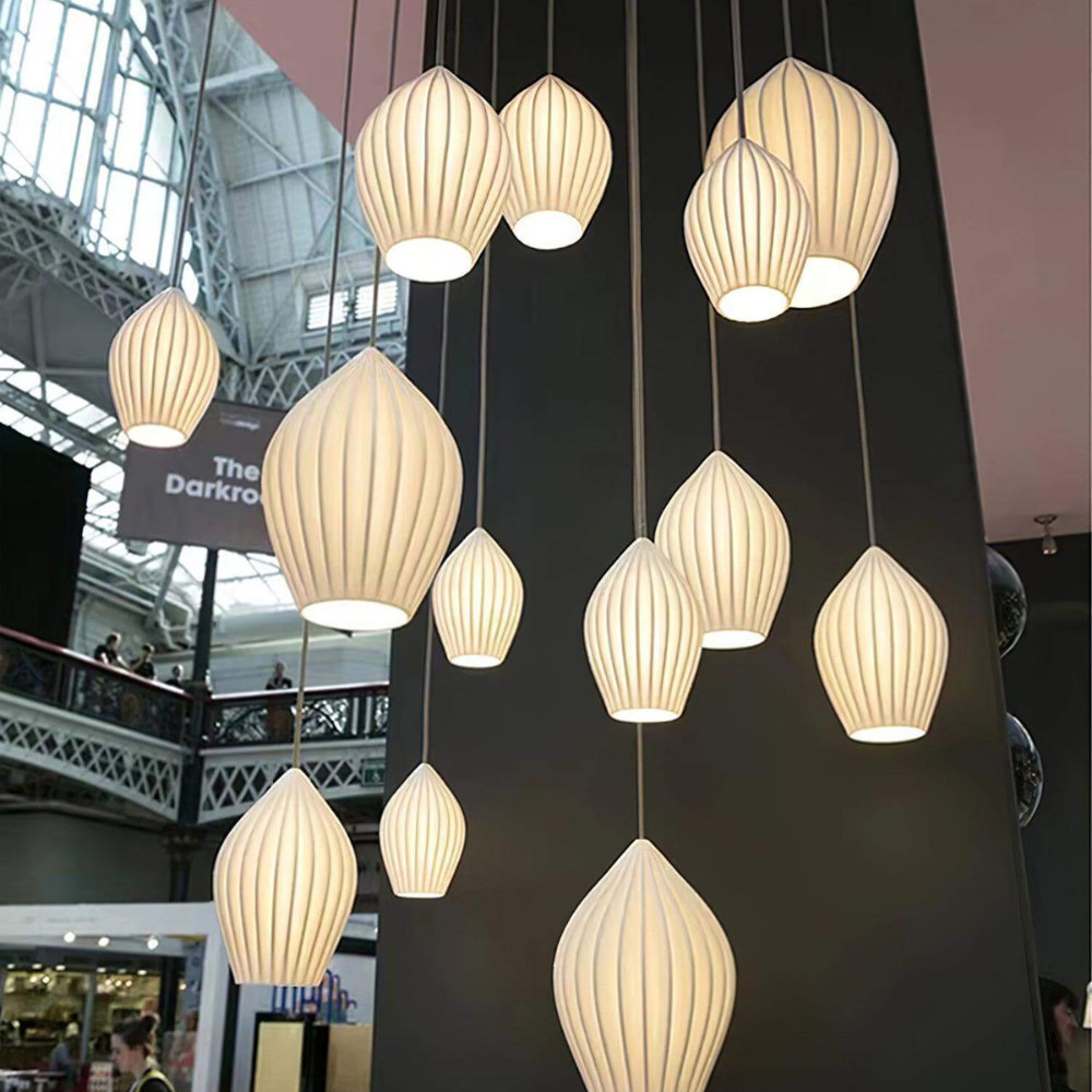 Ceramic Pendant Light with Ribbed Teardrop Shade - Modern Coastal