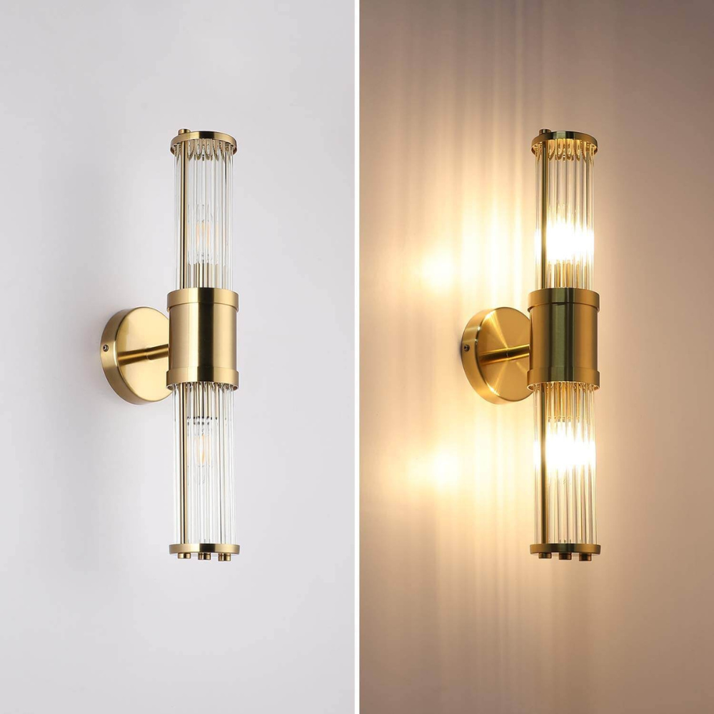 Wall Sconce with Fluted Glass Cylinders - Art Deco Mid Century Copper