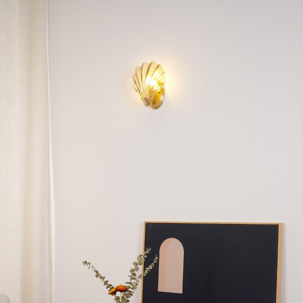 Shell Glass Wall Sconce with Scalloped Ribbed Shade - Coastal Art Deco