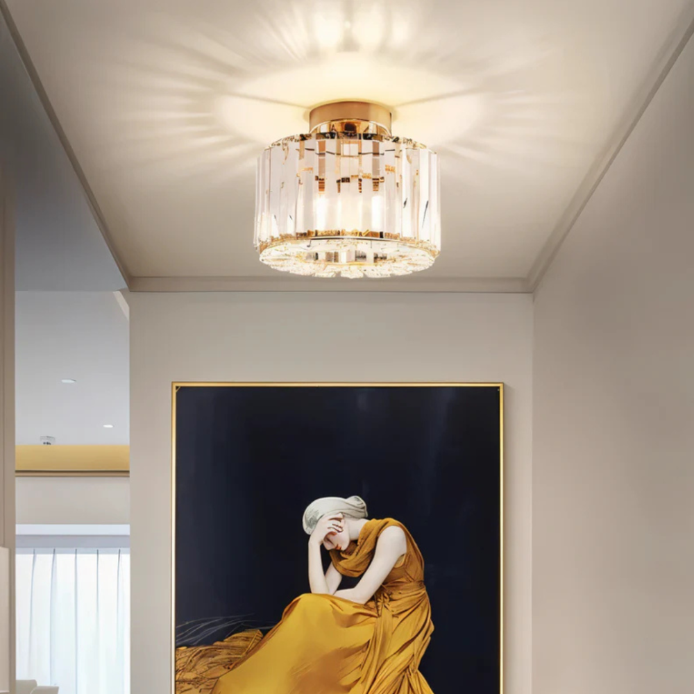 Cylindrical Crystal Flush Mount Light with Glass Prisms - Modern Art Deco