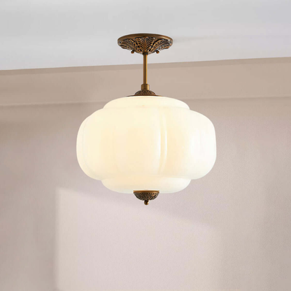 Ribbed Pumpkin Hanging Lamp with Ornate Metalwork - Mid Century Design